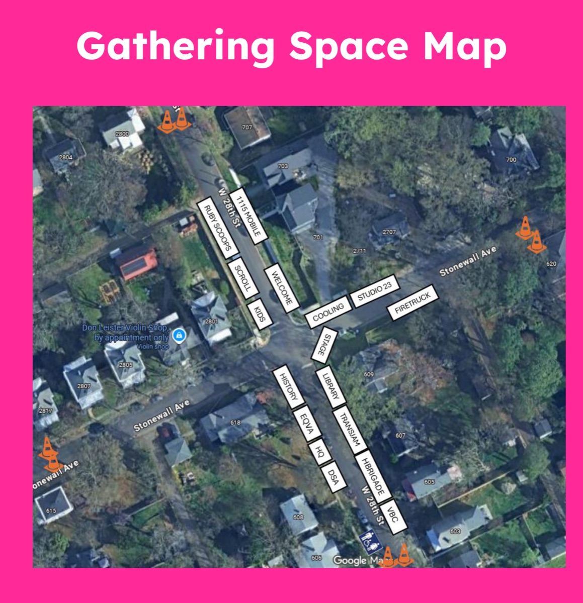 Map of the gathering space at W 28th + Stonewall showing food, tables, and activity locations